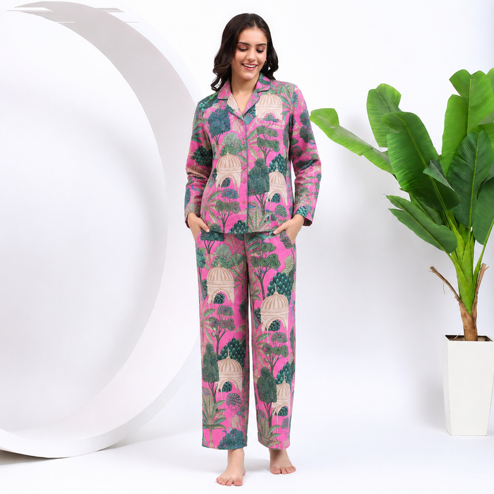 Pink Cotton Pajama Set for Women Botanical Sleepwear