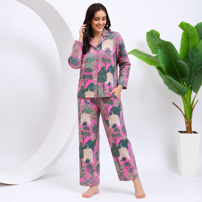 Pink Cotton Pajama Set for Women Botanical Sleepwear