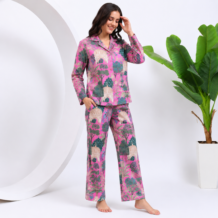 Pink Cotton Pajama Set for Women Botanical Sleepwear