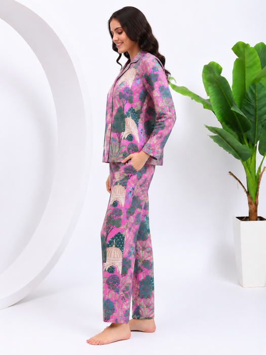 Pink Cotton Pajama Set for Women Botanical Sleepwear