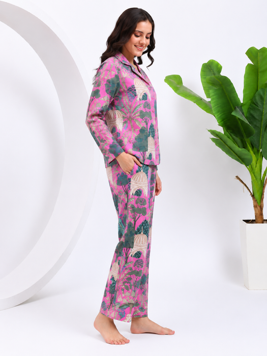 Pink Cotton Pajama Set for Women Botanical Sleepwear