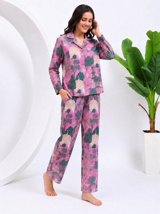 Pink Cotton Pajama Set for Women Botanical Sleepwear