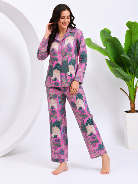 Pink Cotton Pajama Set for Women Botanical Sleepwear