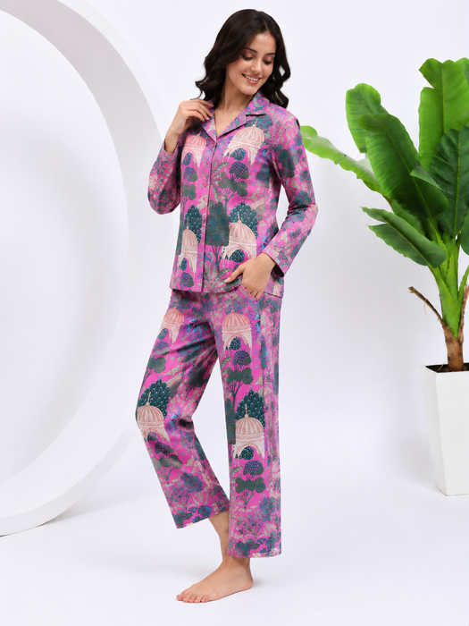 Pink Cotton Pajama Set for Women Botanical Sleepwear
