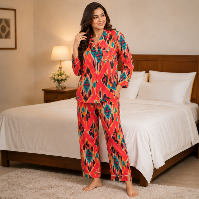 Women’s Ikat Print Cotton Night Suit Set | Vibrant Full Sleeve Pajama Set for Women