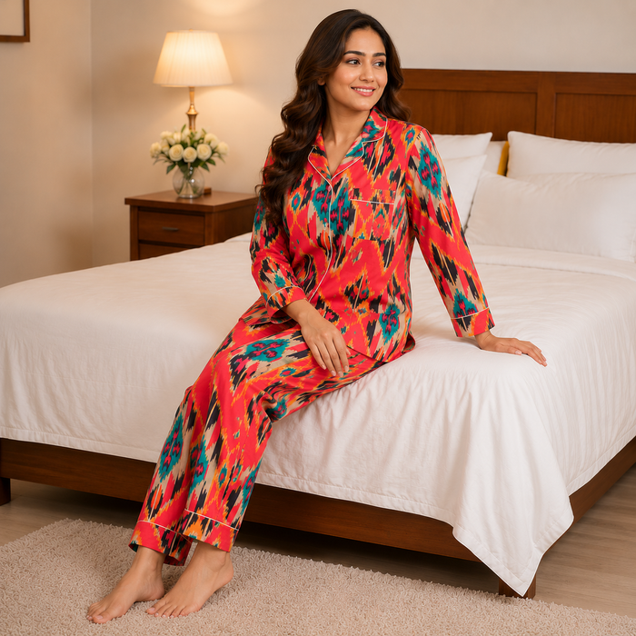 Women’s Ikat Print Cotton Night Suit Set | Vibrant Full Sleeve Pajama Set for Women