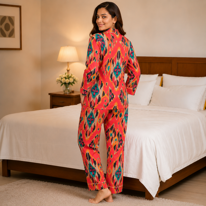 Women’s Ikat Print Cotton Night Suit Set | Vibrant Full Sleeve Pajama Set for Women