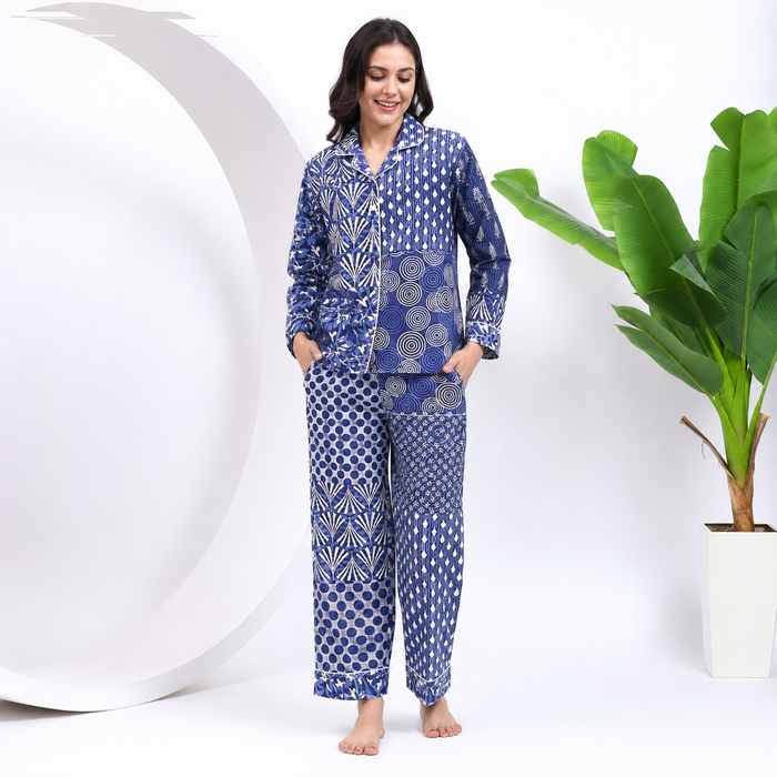 Blue Patchwork Cotton Pajama Set Women's Night Suit