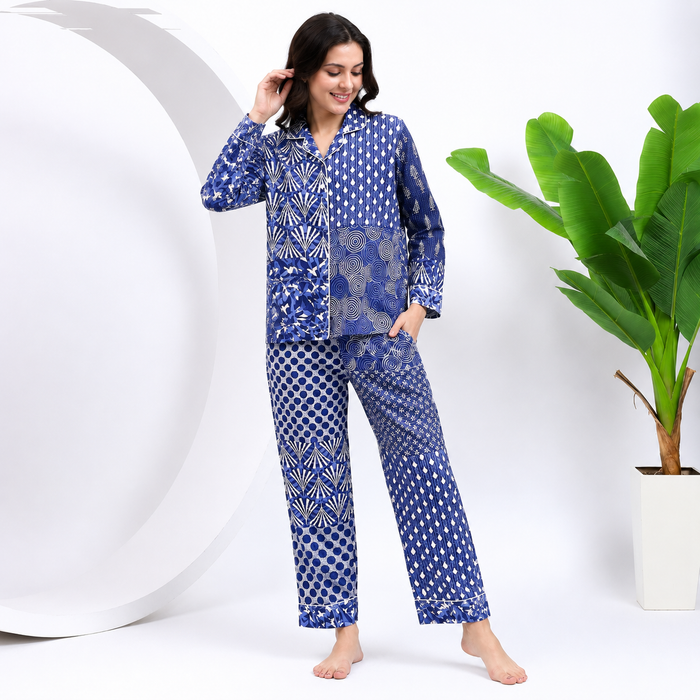 Blue Patchwork Cotton Pajama Set Women's Night Suit