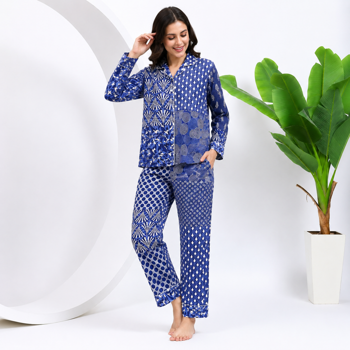 Blue Patchwork Cotton Pajama Set Women's Night Suit