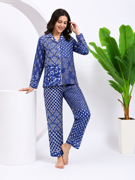 Blue Patchwork Cotton Pajama Set Women's Night Suit