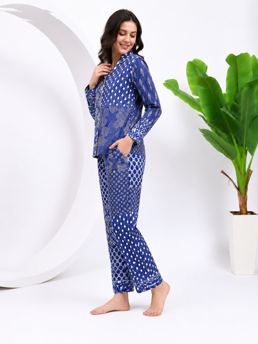 Blue Patchwork Cotton Pajama Set Women's Night Suit