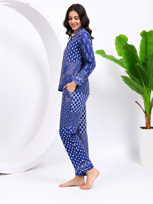 Blue Patchwork Cotton Pajama Set Women's Night Suit
