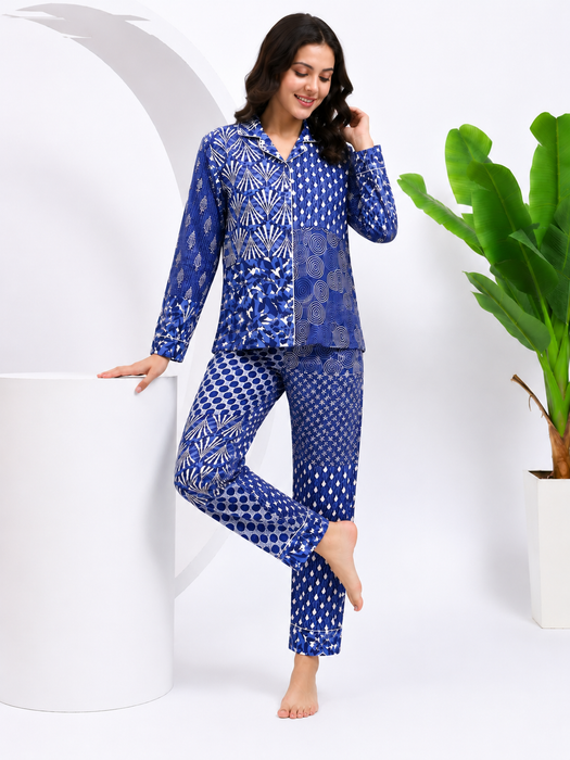 Blue Patchwork Cotton Pajama Set Women's Night Suit