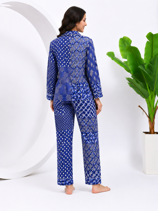 Blue Patchwork Cotton Pajama Set Women's Night Suit
