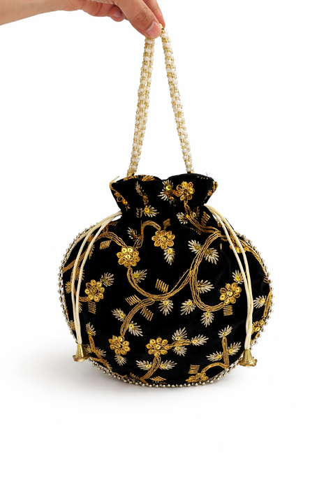 Velvet Embroidered Potli Bag for Wedding Gift