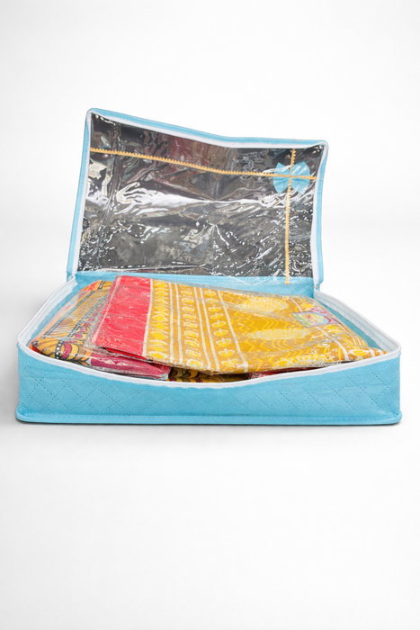 Blue Saree Folder Bag with Transparent Cover | Non Woven Clothes Storage Organizer with Zip Closure