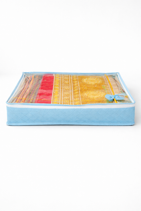 Blue Saree Folder Bag with Transparent Cover | Non Woven Clothes Storage Organizer with Zip Closure
