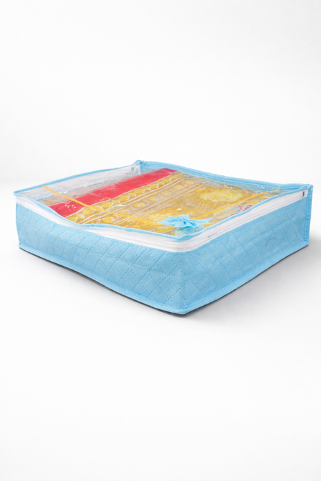 Blue Saree Folder Bag with Transparent Cover | Non Woven Clothes Storage Organizer with Zip Closure