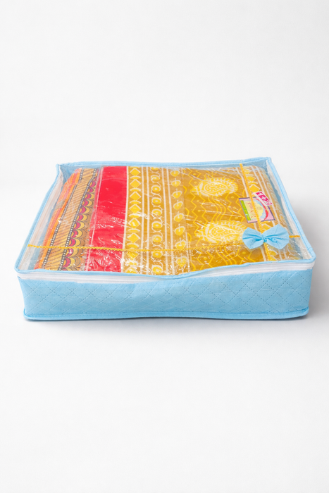 Blue Saree Folder Bag with Transparent Cover | Non Woven Clothes Storage Organizer with Zip Closure
