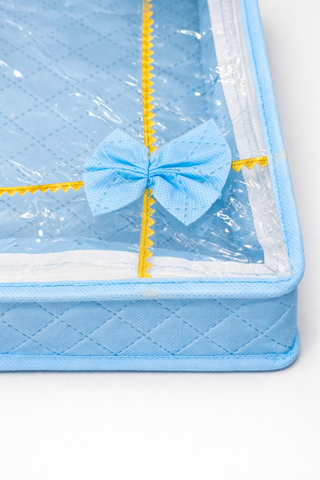 Blue Saree Folder Bag with Transparent Cover | Non Woven Clothes Storage Organizer with Zip Closure