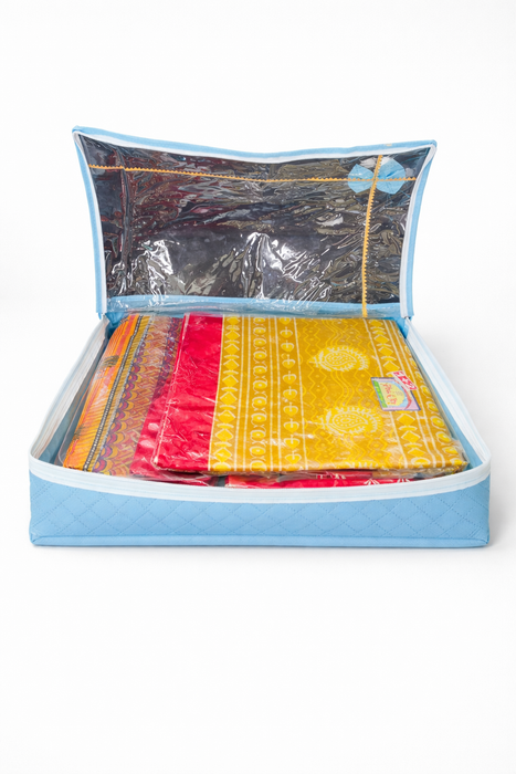Blue Saree Folder Bag with Transparent Cover | Non Woven Clothes Storage Organizer with Zip Closure