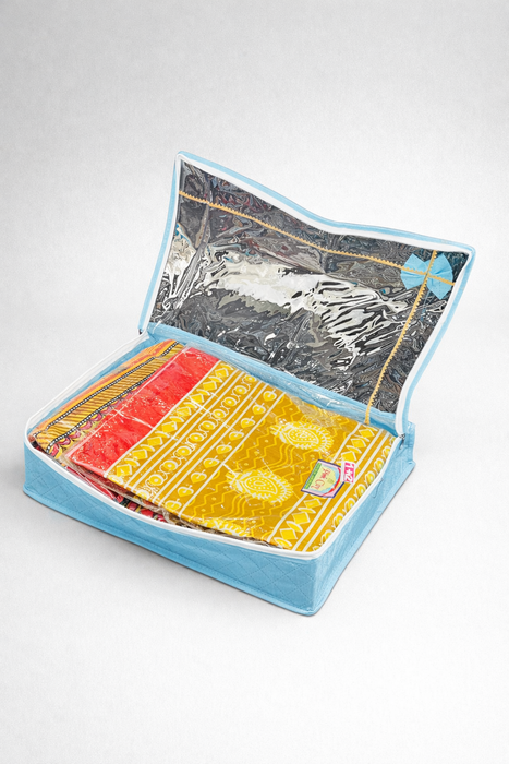 Blue Saree Folder Bag with Transparent Cover | Non Woven Clothes Storage Organizer with Zip Closure