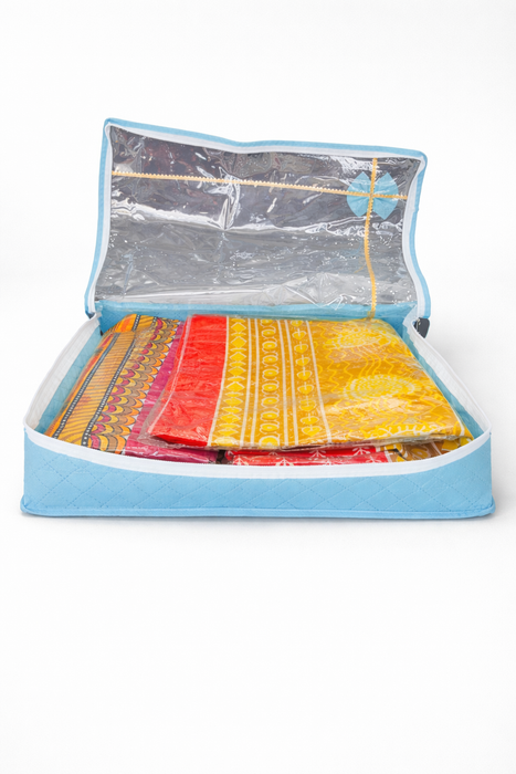 Blue Saree Folder Bag with Transparent Cover | Non Woven Clothes Storage Organizer with Zip Closure