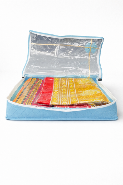 Blue Saree Folder Bag with Transparent Cover | Non Woven Clothes Storage Organizer with Zip Closure