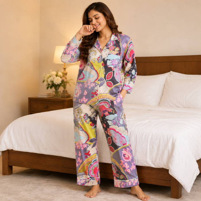 Women’s Abstract Print Cotton Night Suit Set | Full Sleeve Button-Down Pajama Set