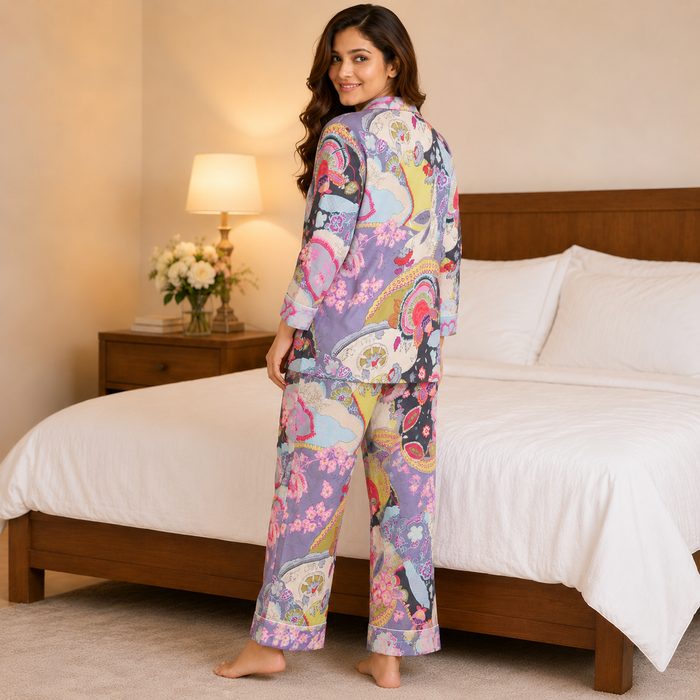 Women’s Abstract Print Cotton Night Suit Set | Full Sleeve Button-Down Pajama Set