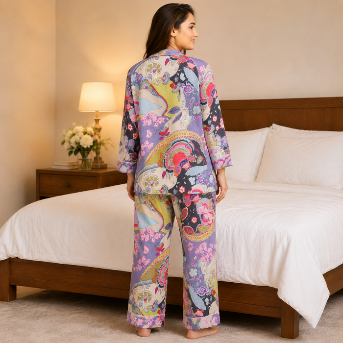 Women’s Abstract Print Cotton Night Suit Set | Full Sleeve Button-Down Pajama Set