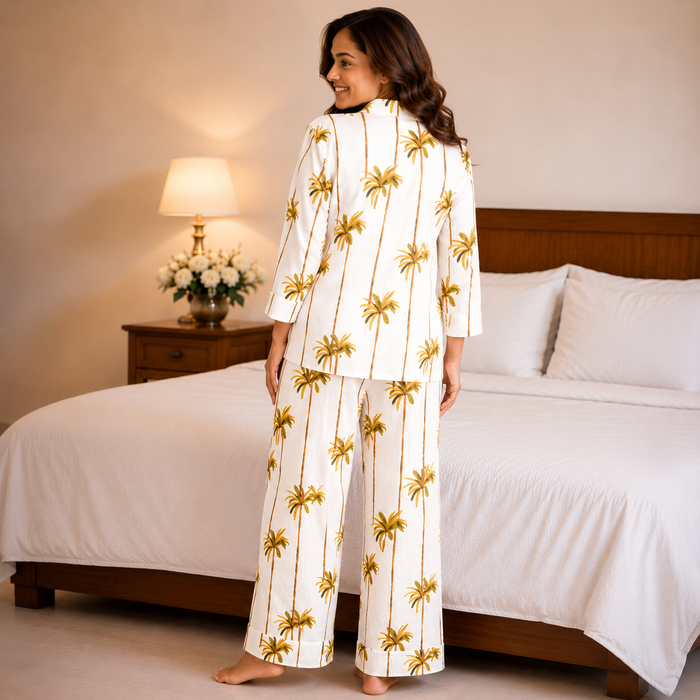 Women’s Palm Tree Print Cotton Night Suit Set | Full Sleeve Button-Down Pajama Set