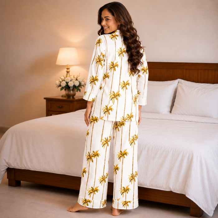 Women’s Palm Tree Print Cotton Night Suit Set | Full Sleeve Button-Down Pajama Set