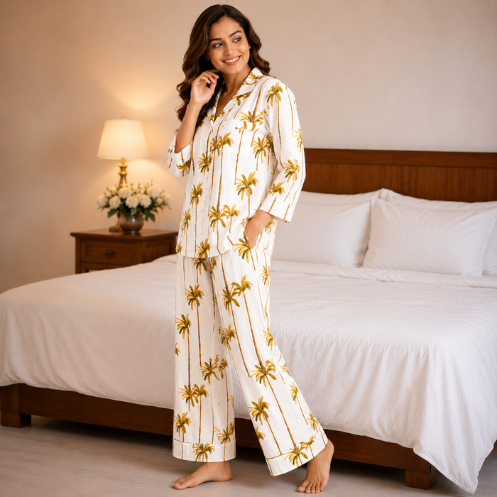 Women’s Palm Tree Print Cotton Night Suit Set | Full Sleeve Button-Down Pajama Set