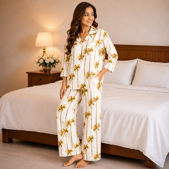 Women’s Palm Tree Print Cotton Night Suit Set | Full Sleeve Button-Down Pajama Set