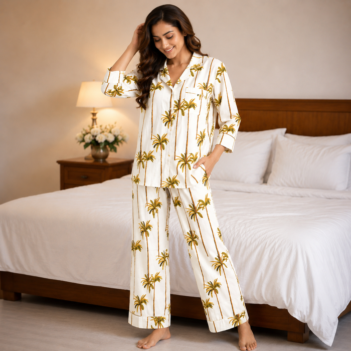 Women’s Palm Tree Print Cotton Night Suit Set | Full Sleeve Button-Down Pajama Set