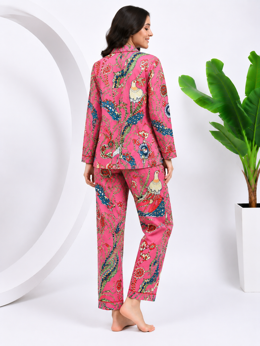 Pink Cotton Pajama Set for Women Bird Print Button Nightwear