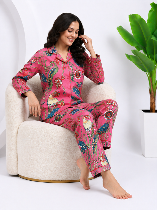 Pink Cotton Pajama Set for Women Bird Print Button Nightwear