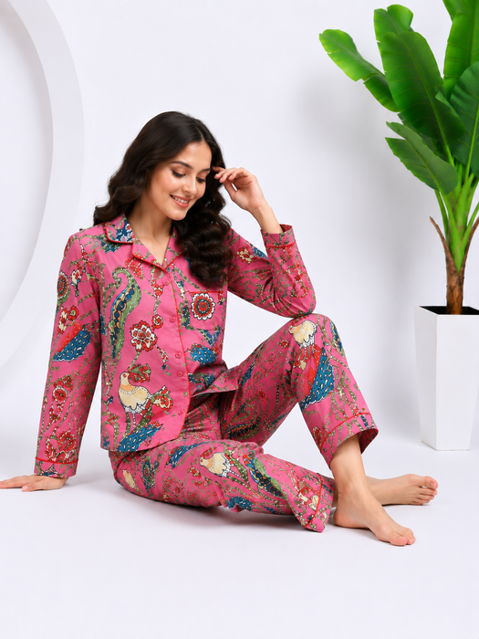 Pink Cotton Pajama Set for Women Bird Print Button Nightwear