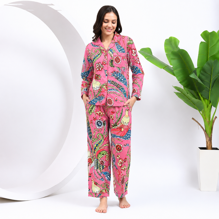 Pink Cotton Pajama Set for Women Bird Print Button Nightwear