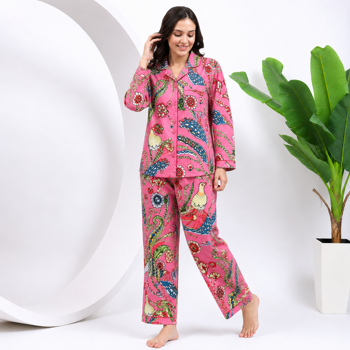 Pink Cotton Pajama Set for Women Bird Print Button Nightwear