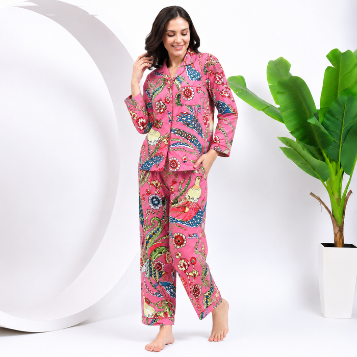 Pink Cotton Pajama Set for Women Bird Print Button Nightwear