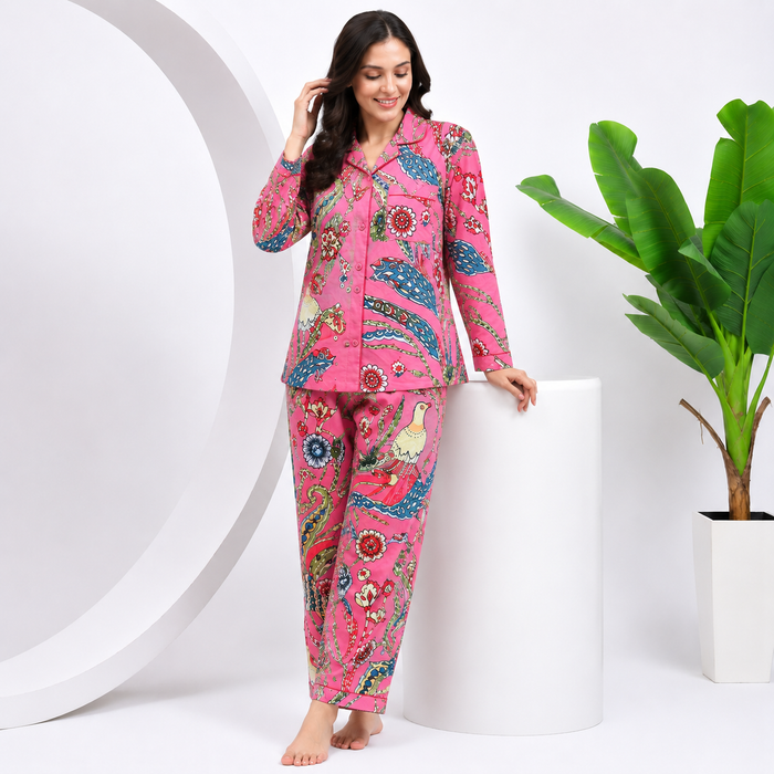 Pink Cotton Pajama Set for Women Bird Print Button Nightwear
