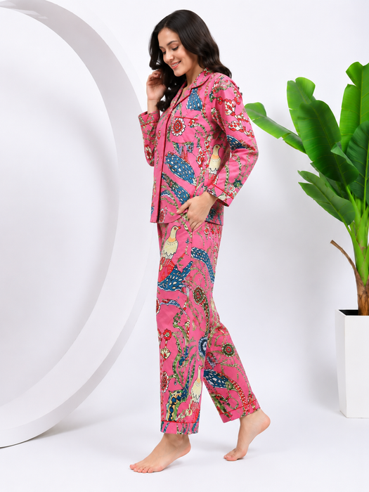 Pink Cotton Pajama Set for Women Bird Print Button Nightwear