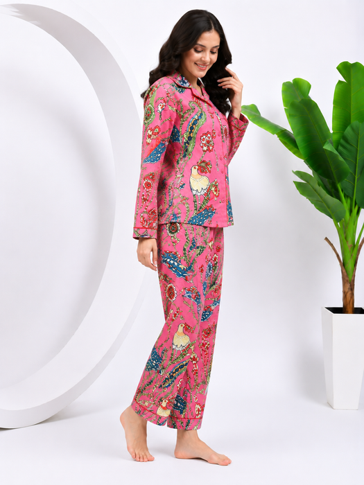 Pink Cotton Pajama Set for Women Bird Print Button Nightwear