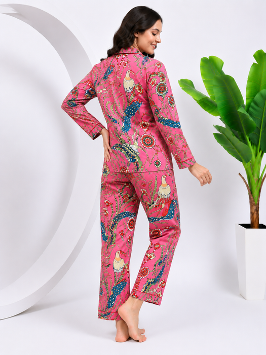 Pink Cotton Pajama Set for Women Bird Print Button Nightwear