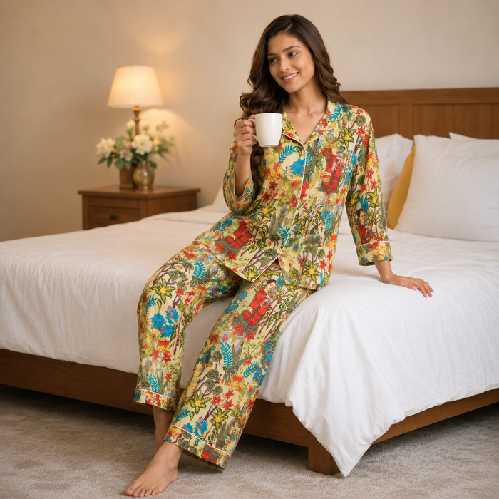 Women’s Mustard Yellow Floral Print Cotton Night Suit Set | Full Sleeve Button-Down Pajama Set