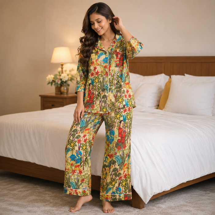 Women’s Mustard Yellow Floral Print Cotton Night Suit Set | Full Sleeve Button-Down Pajama Set