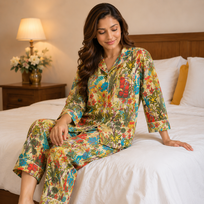Women’s Mustard Yellow Floral Print Cotton Night Suit Set | Full Sleeve Button-Down Pajama Set